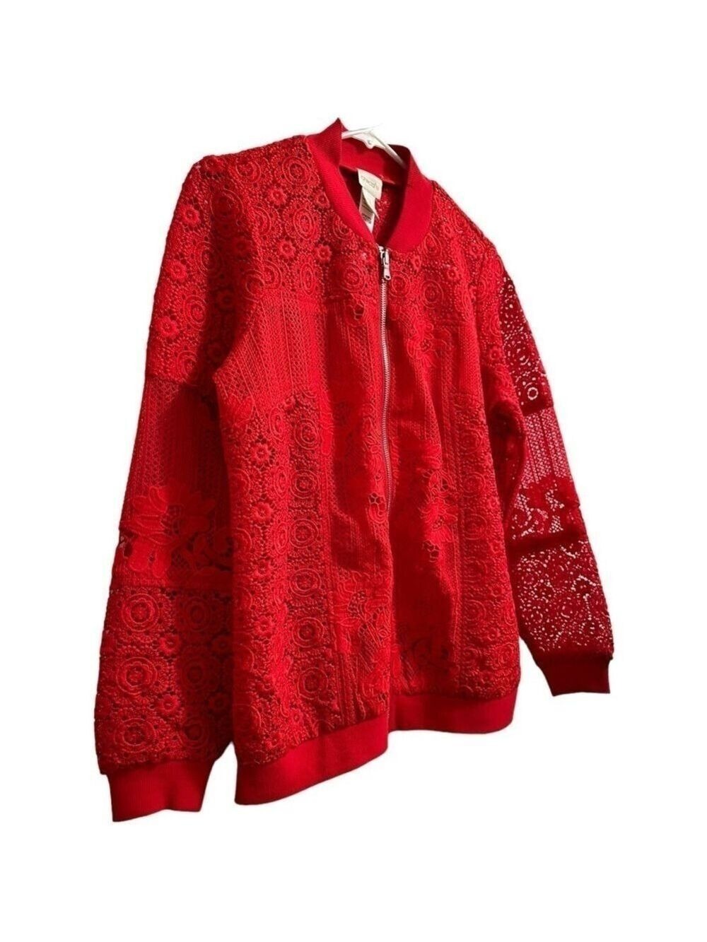 Chico’s Red Sheer Fancy Crochet Lace Blazer, Womens 4 - Chicos Size 0 BEAUTIFUL! - Picture 4 of 16